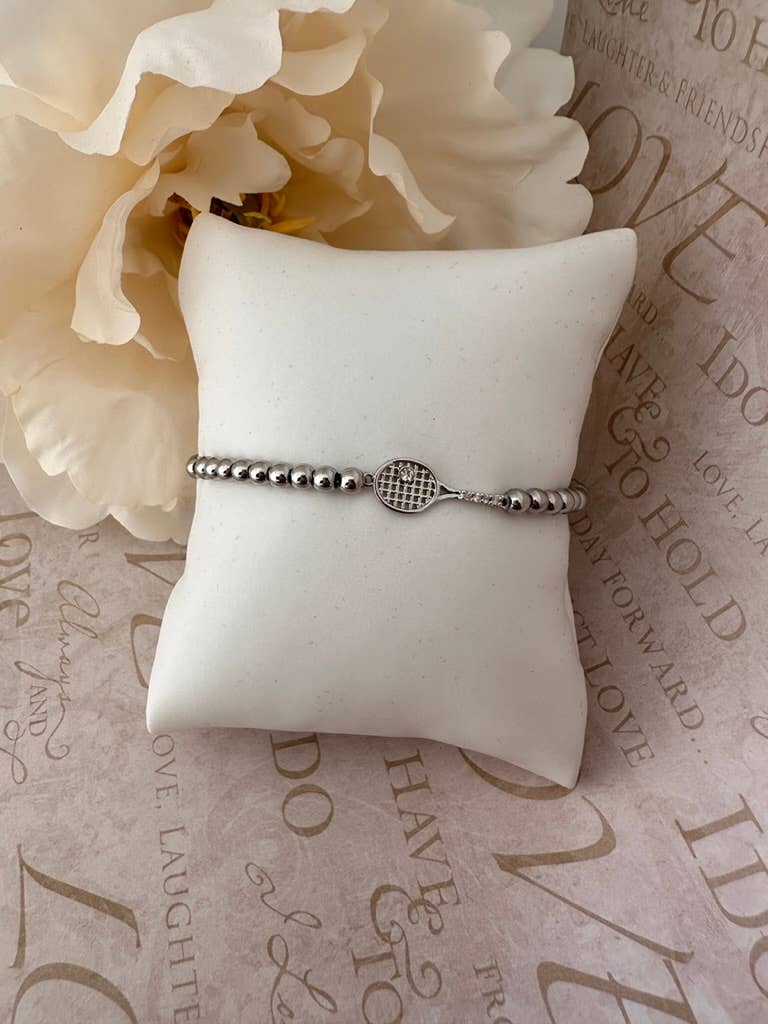 Tennis Racket Charm Gold Bead Layered Bracelets 18K Gold Pla