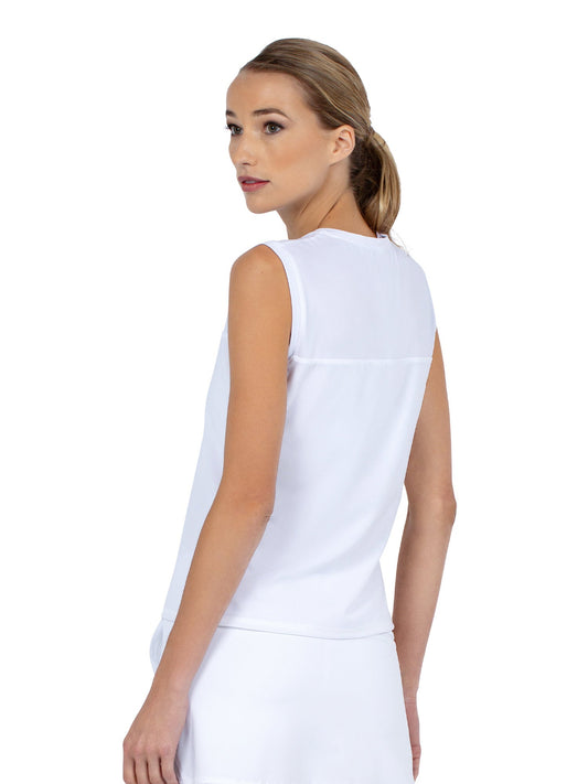 Relax-Fit Crewneck Tank with Light Mesh Overlay - White