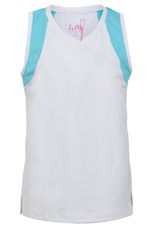 Little Miss Tennis Girls` Tennis Tank White and Aqua Block Trim Girls ` Tennis Tank White And Aqua Block Trim