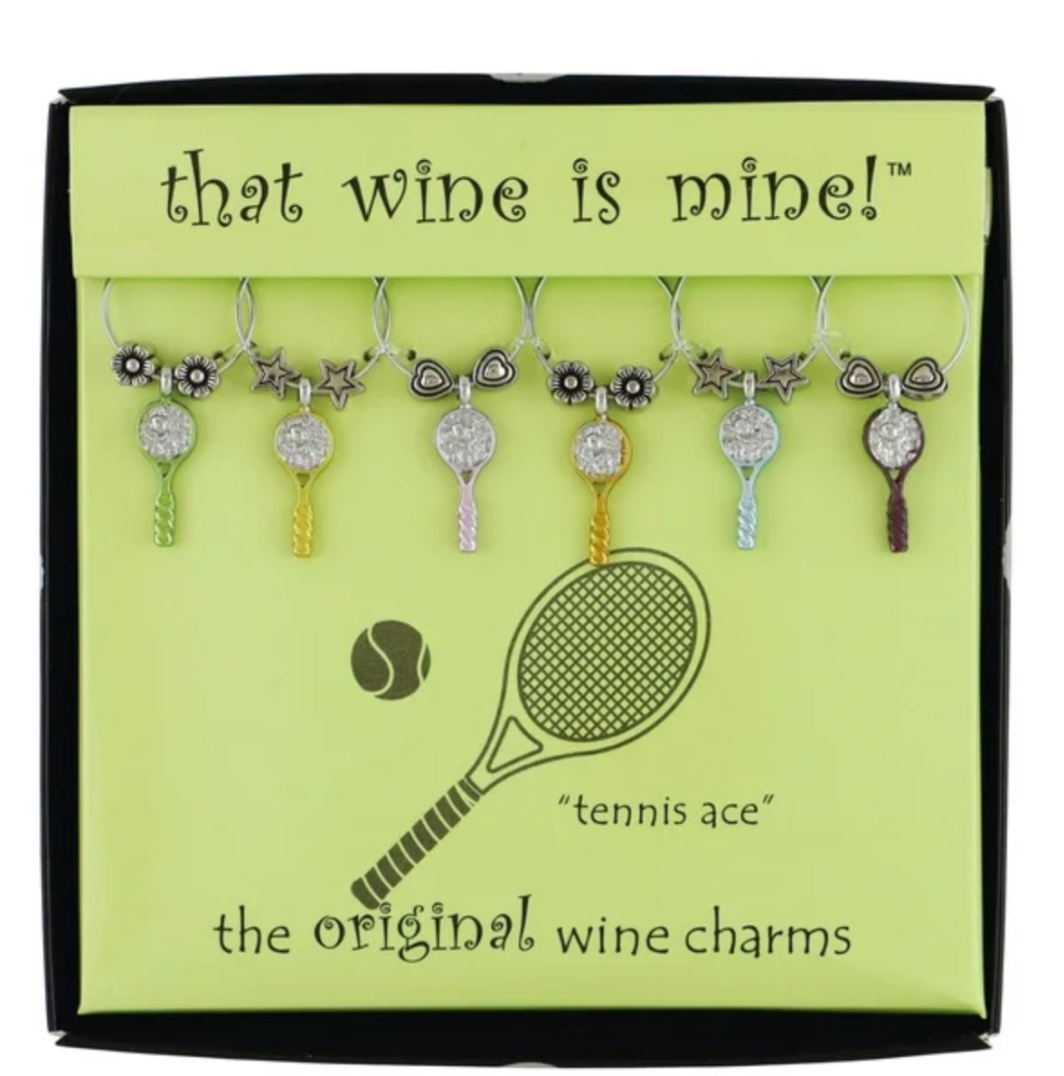 Wine Things 6-Piece Wine Charms/Wine Glass Tags/Drink Markers for Stem Glasses, Wine Tasting Party (Tennis Racquets)