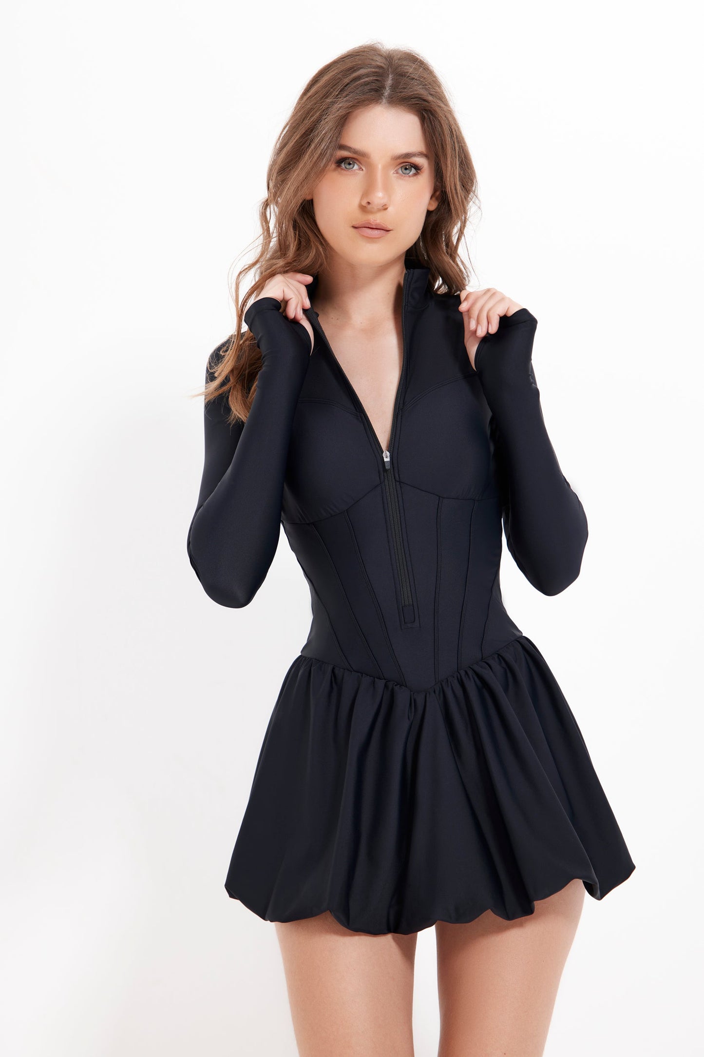 ROME LONG SLEEVE BUBBLE DRESS - BLACK