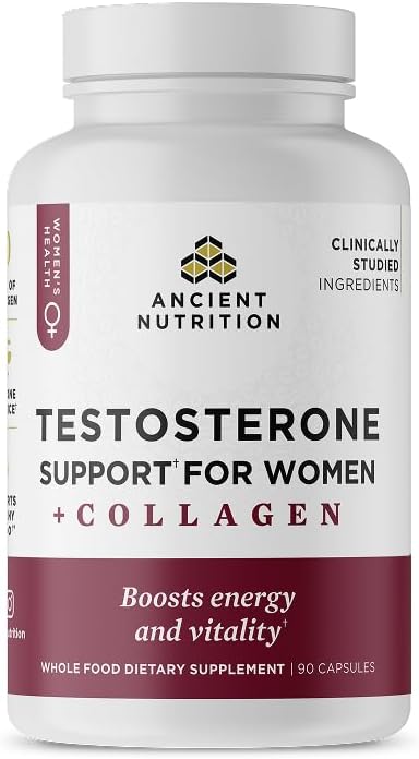 Ancient Nutrition Testosterone Support + Collagen Capsules (Unflavored), 90 Caps - Hormone Balance for Wome