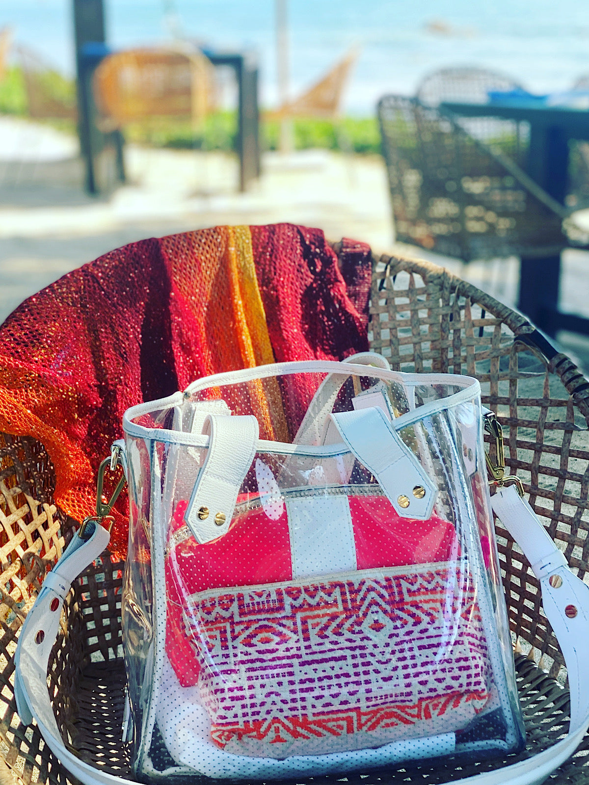 Gameday Bag - White Leather / Clear PVC / Gold Hardware