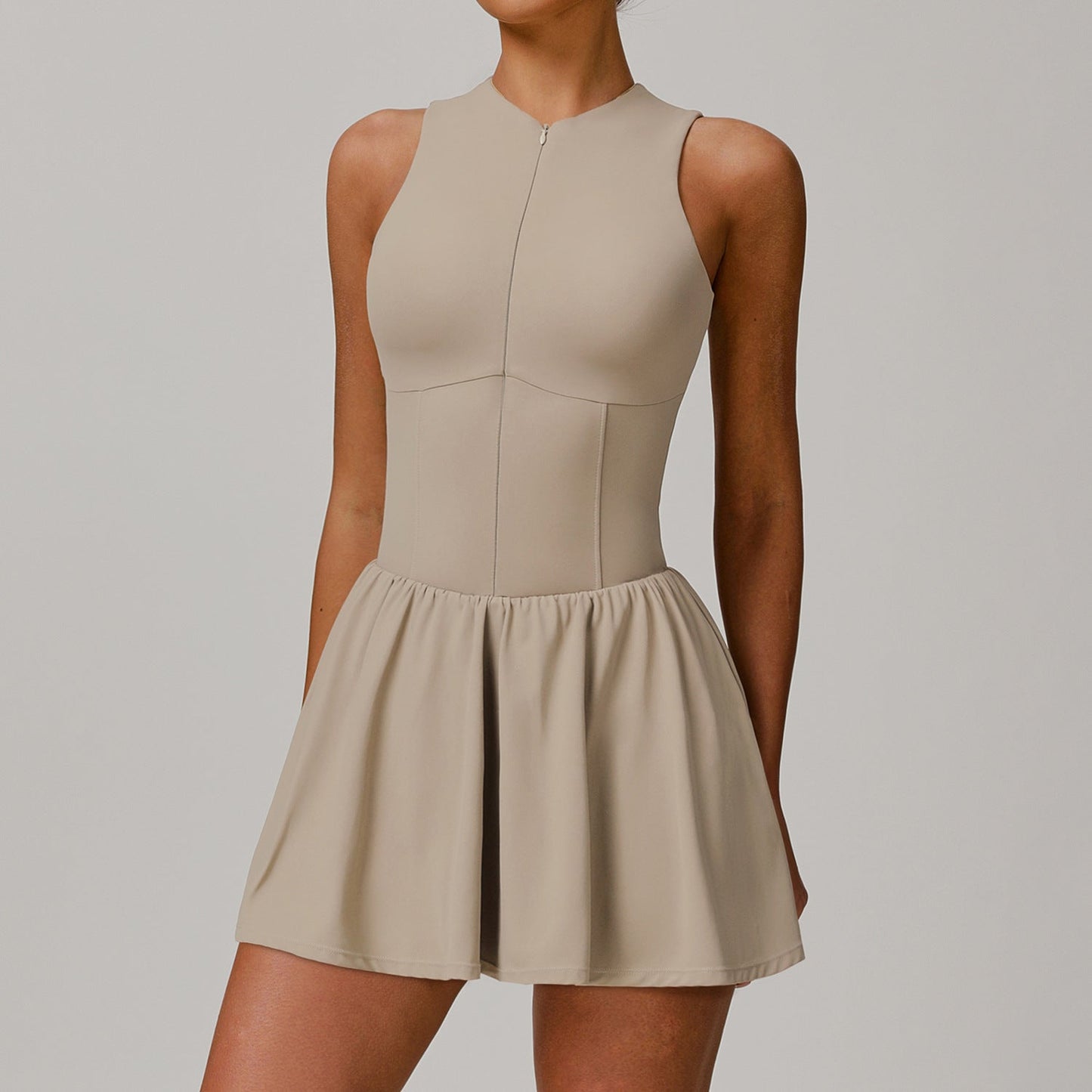 Sollinarry Sense Faux Two Piece Stand Collar Dress Outdoor Running Anti-Exposure Bottoming A line Dress Swing Tennis