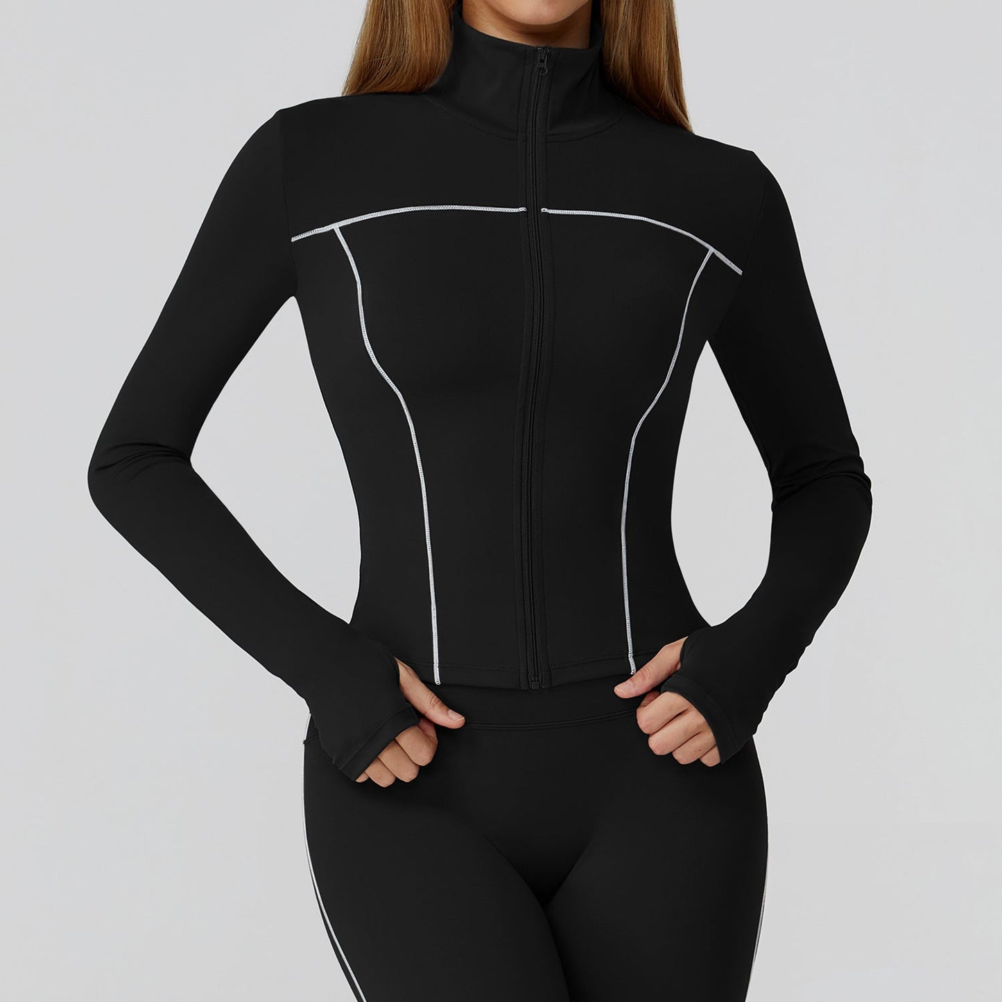 Contrast Color Brushed Yoga Coat Zipper Windproof Slim Jacket Outdoor Sports Running Fitness Clothes Women