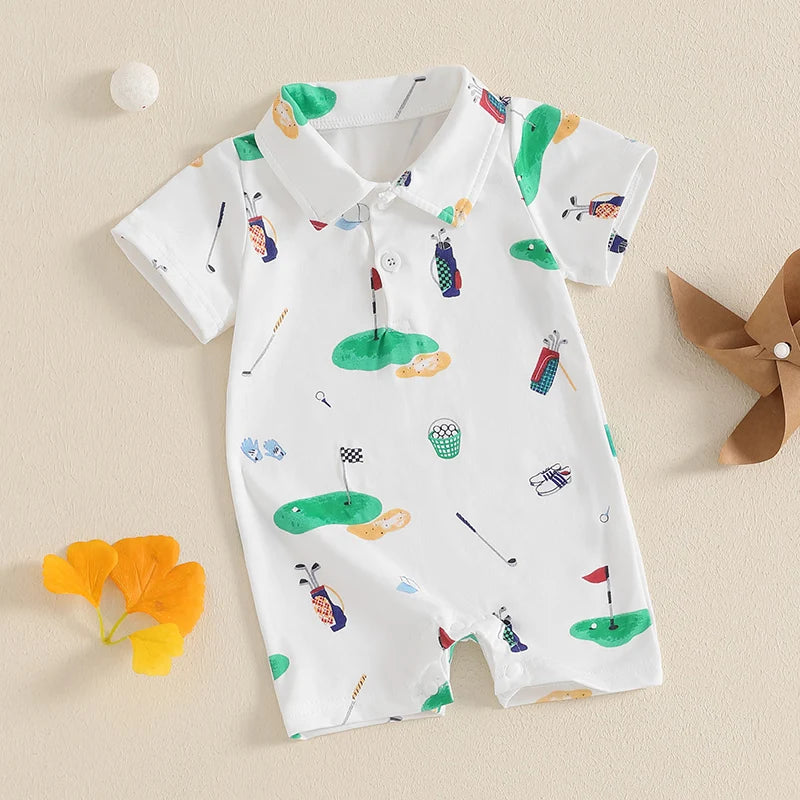 Baby Boy Girl Golf Romper Half Button-up Lapel Neck Short Sleeve Jumpsuit Summer Clothes