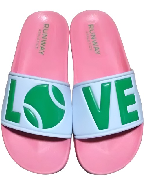 Tennis LOVE After Play Tennis Slides - Pink, Green & White