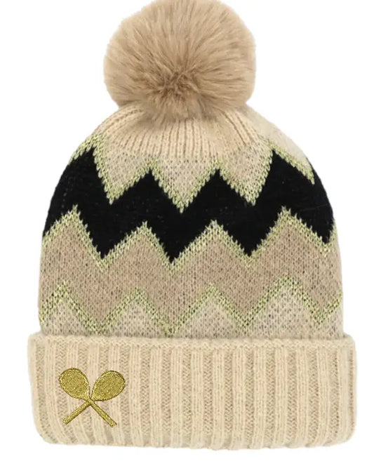 "Love Tennis" Fuzzy Pom Pom Beanie - Neutral