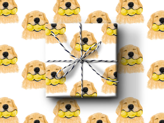 Dog With Tennis Balls Wrapping Paper: 3 Sheets Rolled In Cello