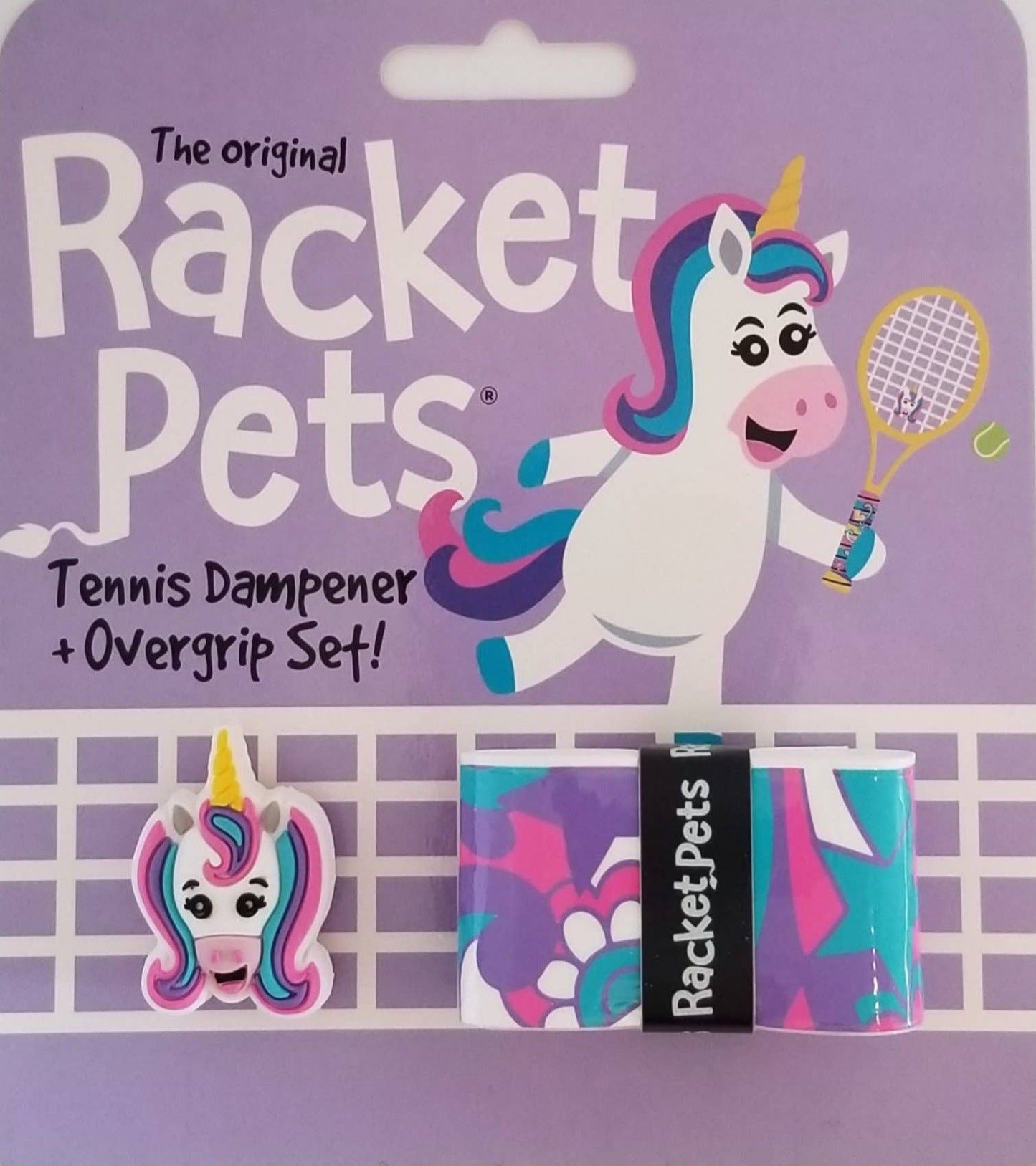 Unicorn Pink/Purple Tennis Overgrip Tape and Matching Shock Absorbing Dampener for Tennis Racket