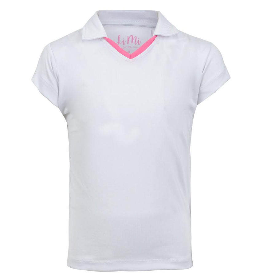 Little Miss Tennis Girls` Short-Sleeve Tennis Polo White and Pink Trim